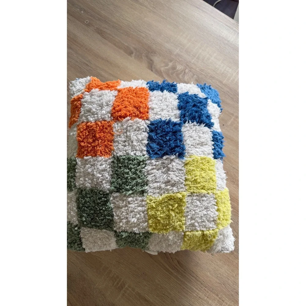 Multi Color Shag Checkered Throw Pillow 12x12 Square Tufted Decorative Cushion